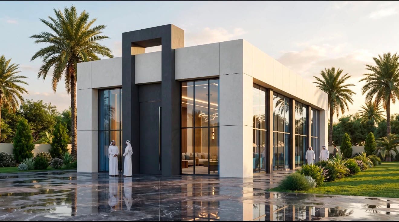 تصوّر معماري يُظهر منظراً خارجياً نهارياً للمشروع نفسه، مع واجهات زجاجية مرتفعة وتنسيق للمساحات الخارجية وأشجار نخيل.